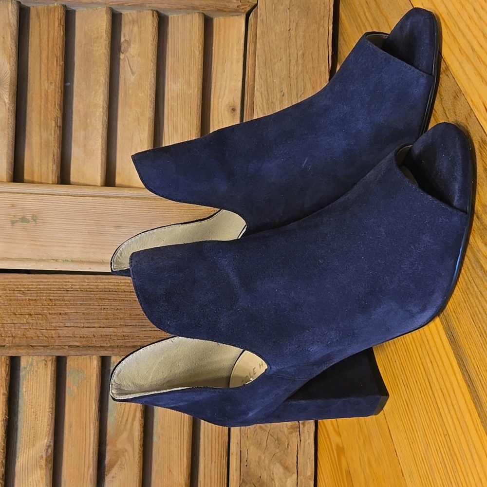 Cole Haan Navy Suede Peep-Toe Ankle Booties